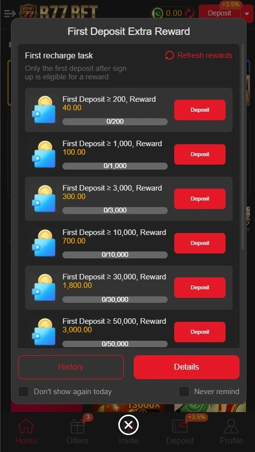 B77 app withdrawal screen with option to transfer winnings to Pakistani mobile wallet EasyPaisa.